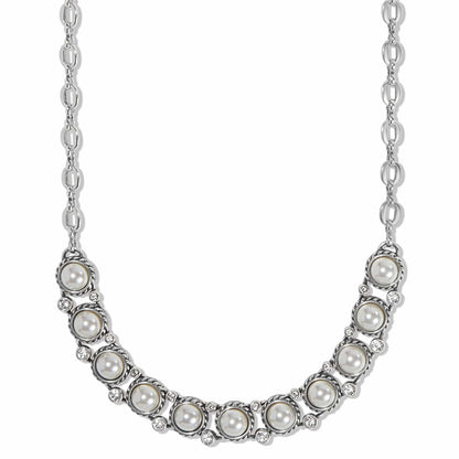 Brighton necklace with glass pearls, crystal accents, and silver-plated rope-edged settings on a white background