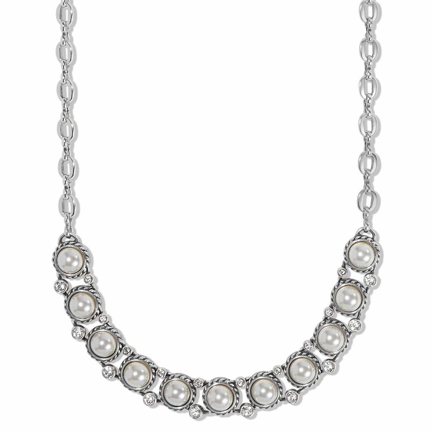 Brighton necklace with glass pearls, crystal accents, and silver-plated rope-edged settings on a white background