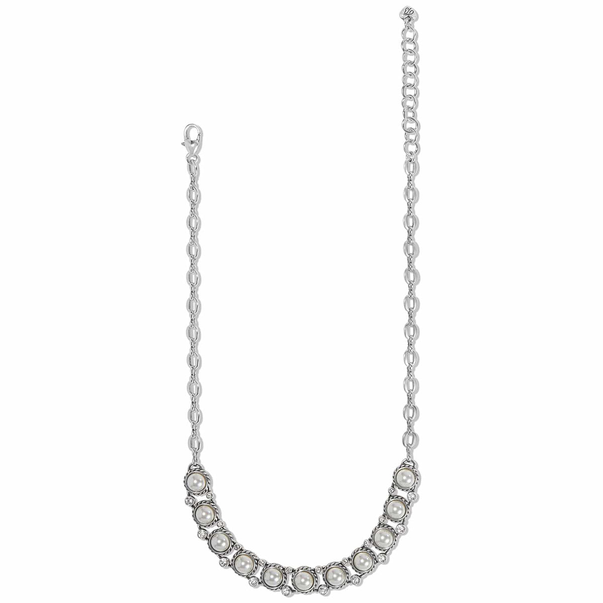 Brighton necklace with glass pearls, crystal accents, and silver-plated chain with lobster clasp on a white background