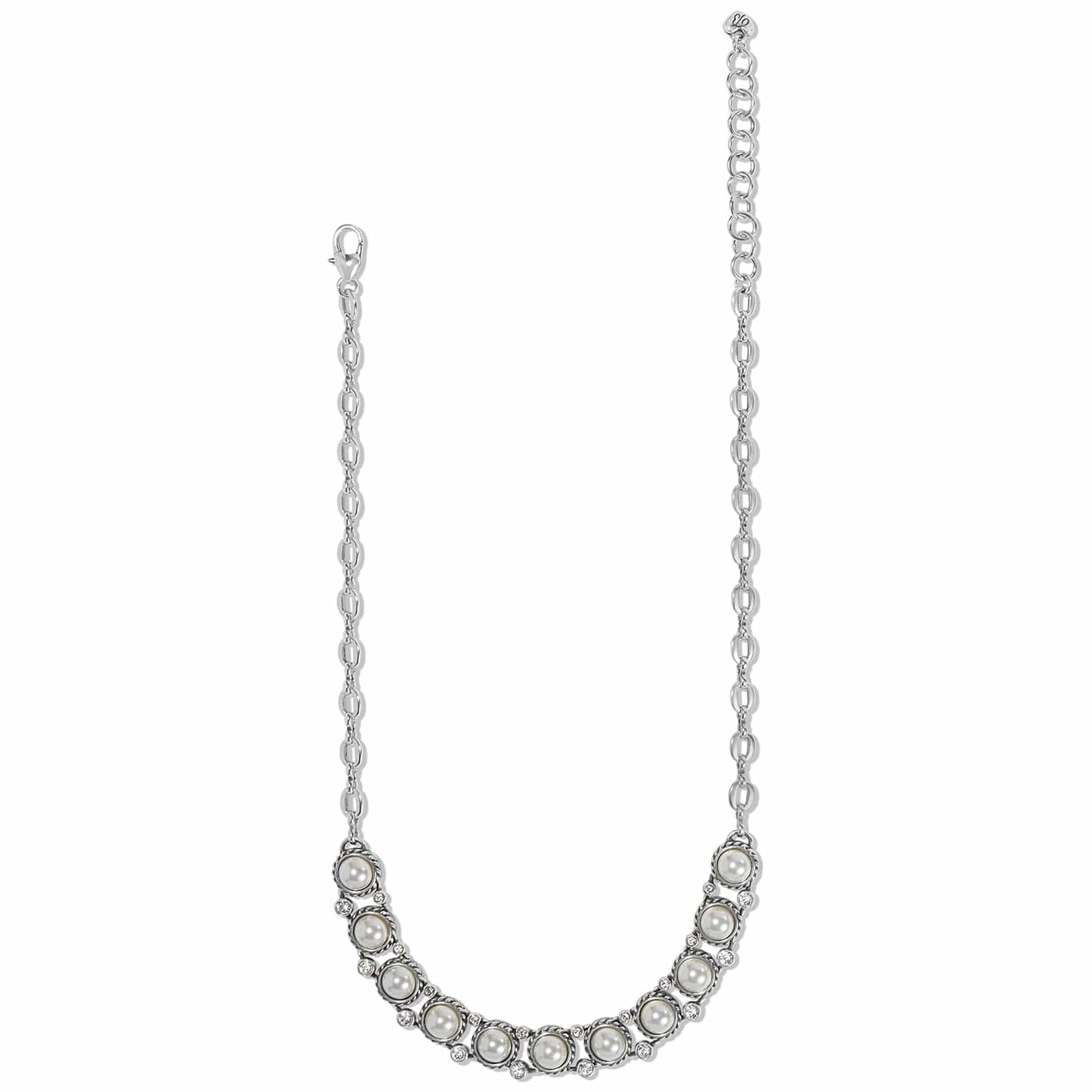 Brighton necklace with glass pearls, crystal accents, and silver-plated chain with lobster clasp on a white background