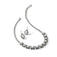 Brighton silver-plated necklace and drop earrings set with glass pearls and crystal accents on a white background
