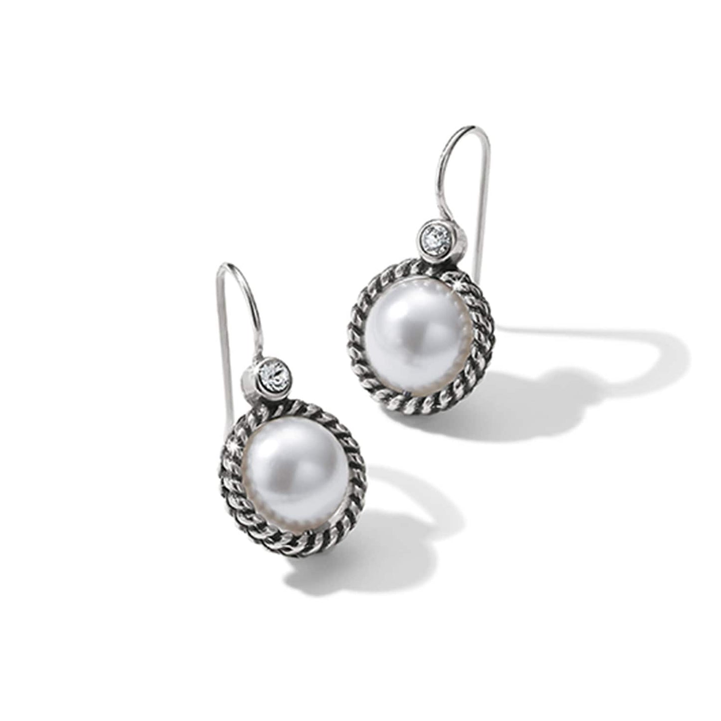 Brighton drop earrings with glass pearls framed in silver-plated rope borders and crystal accents on a white background