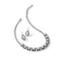 Brighton silver-plated necklace and drop earrings set with glass pearls and crystal accents on a white background