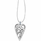 Brighton pendant necklace with silver-plated heart featuring swirl cutouts and blue crystal bail on a white background