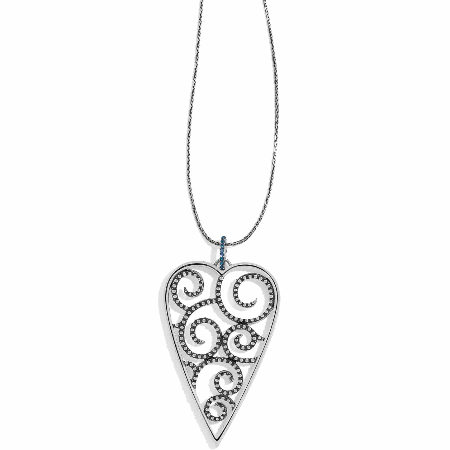 Brighton pendant necklace with silver-plated heart featuring swirl cutouts and blue crystal bail on a white background