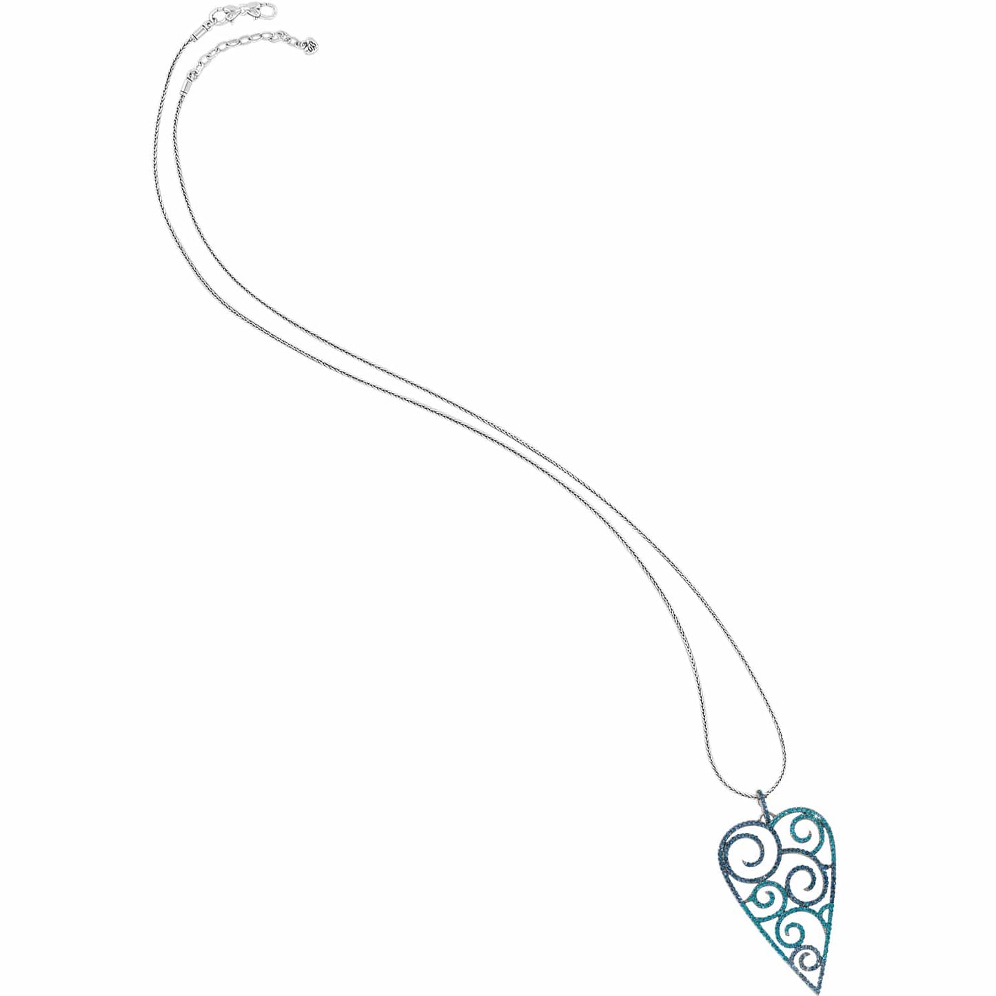 Brighton pendant necklace with silver-plated chain and blue crystal pavé heart-shaped filigree pendant on a white background