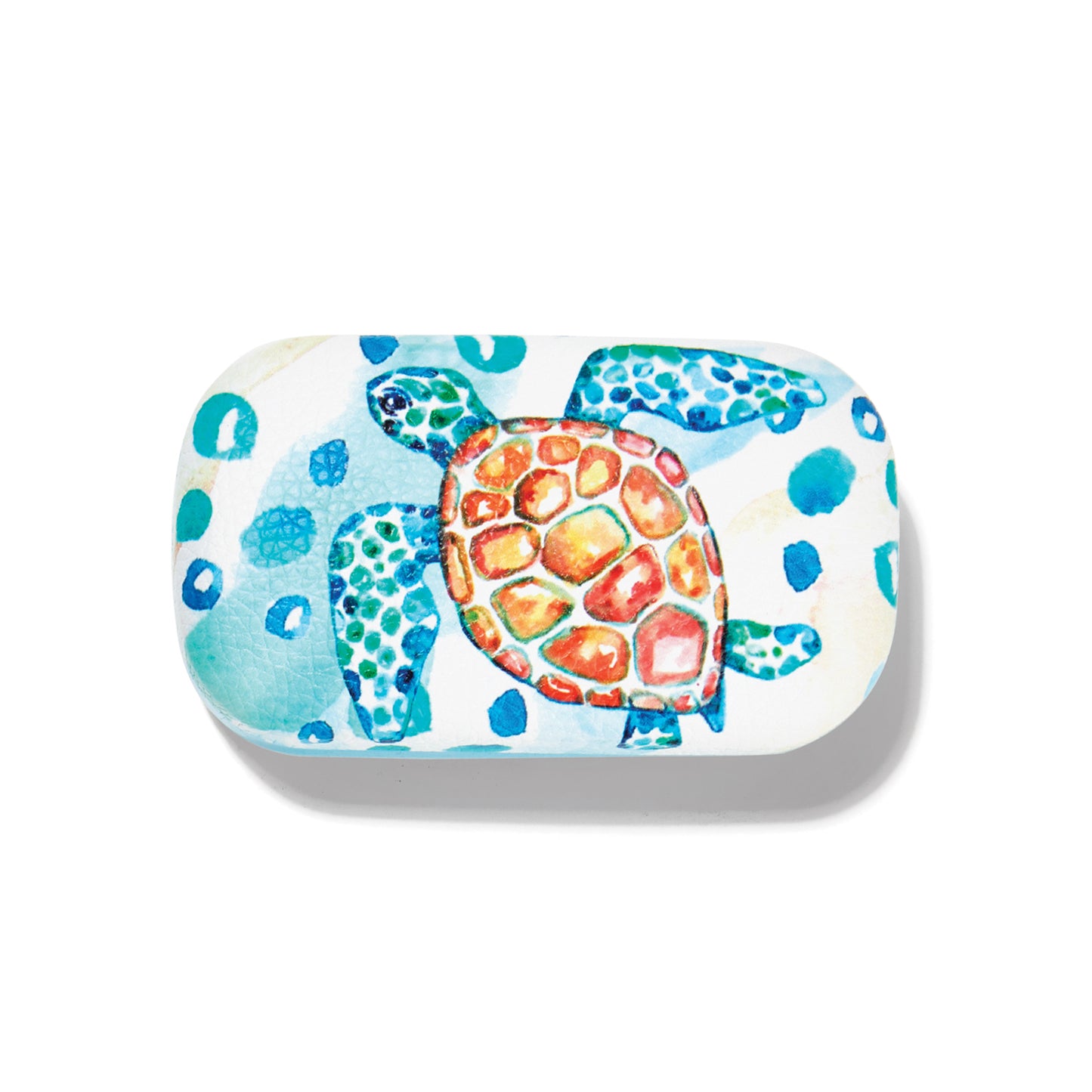 Brighton case with watercolor sea turtle print in orange, blue, and teal tones on a white background