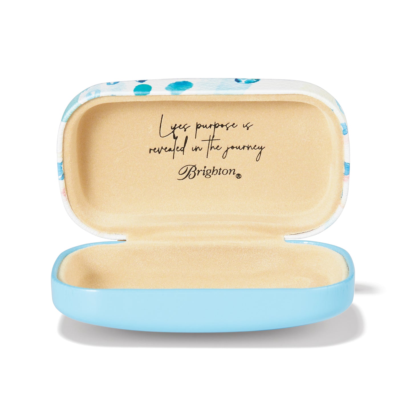 Brighton sunglasses case shown open with tan interior, inspirational quote, and light blue exterior on a white background