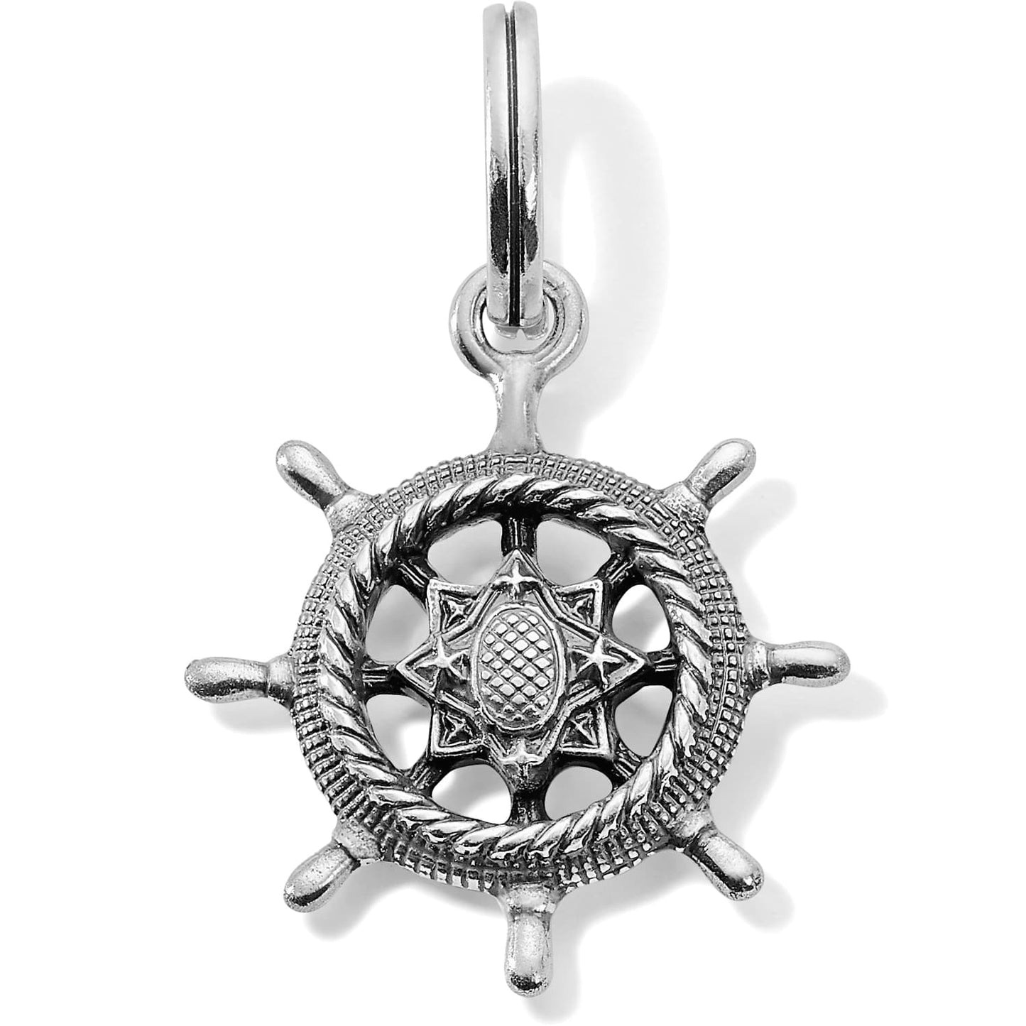 Brighton ship wheel charm with silver-plated rope and star detailing and hinged clip bail on a white background