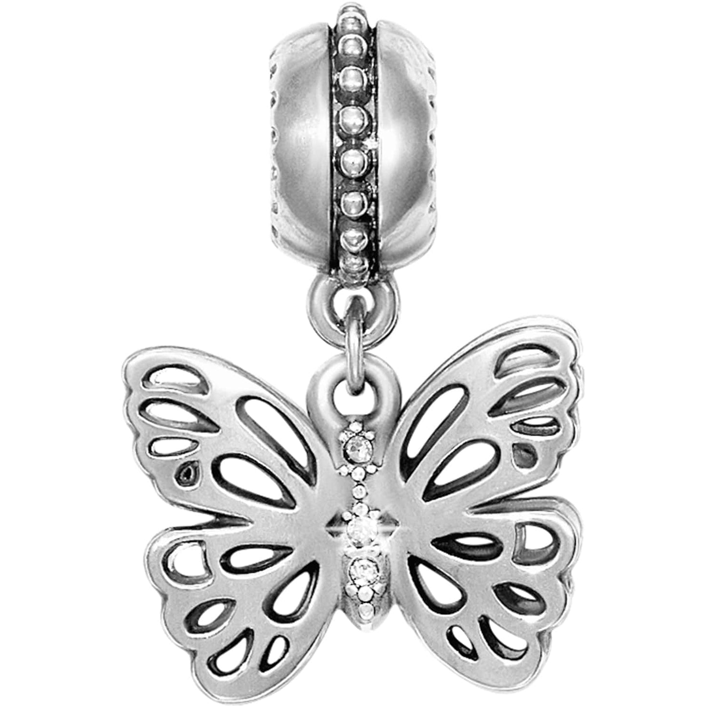 Brighton butterfly dangle charm with silver-plated cutout wings and crystal accents along the body on a white background