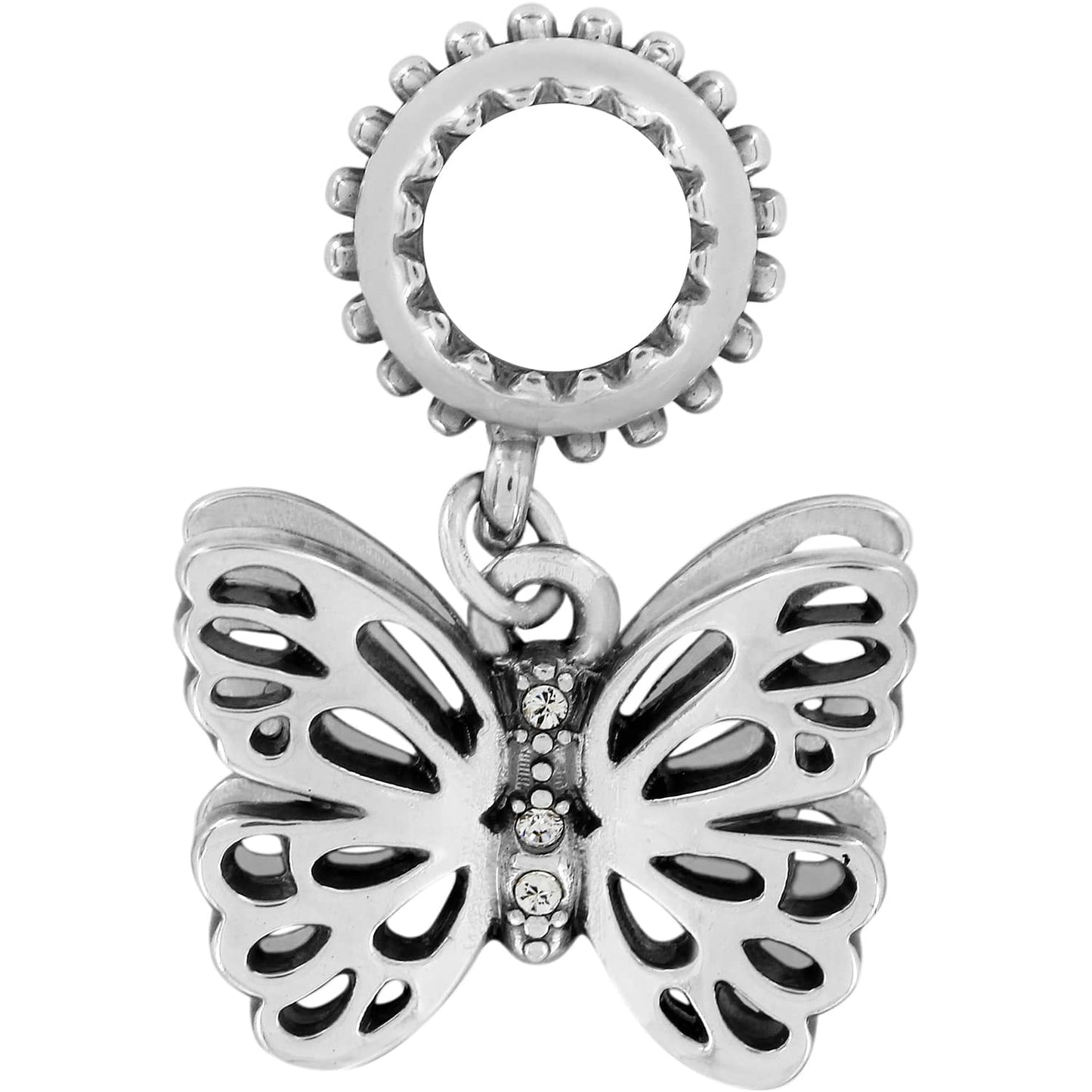 Brighton butterfly dangle charm with silver-plated cutout wings and crystal accents on a white background