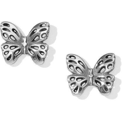 Brighton butterfly stud earrings with silver-plated cutout wing details shown from two angles on a white background