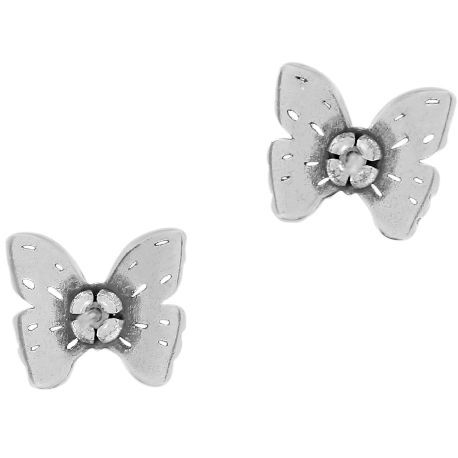 Brighton butterfly stud earrings with silver-plated wings and floral center detail on a white background