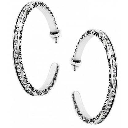 Brighton hoop earrings with silver-plated scroll detailing and crystal accents along the outer edge on a white background
