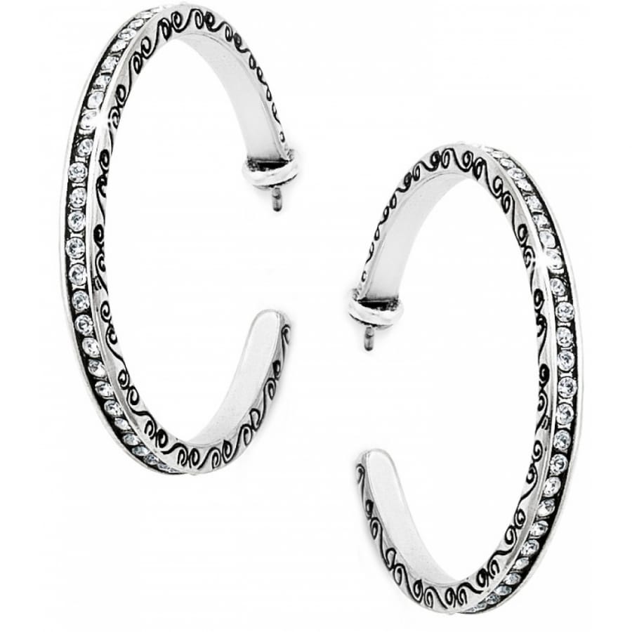 Brighton hoop earrings with silver-plated scroll detailing and crystal accents along the outer edge on a white background