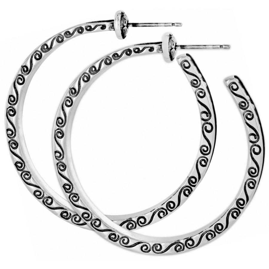 Brighton hoop earrings with silver-plated finish and engraved swirl scroll pattern along the bands on a white background
