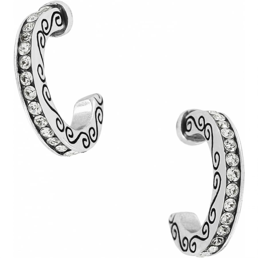 Brighton hoop earrings with silver-tone scroll detailing and crystal accents along the outer edge on a white background