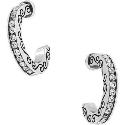 Brighton hoop earrings with silver-tone scroll detailing and crystal accents along the outer edge on a white background
