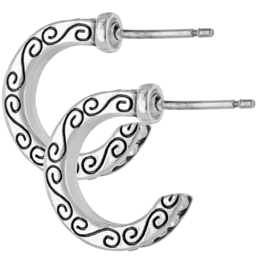 Brighton hoop earrings with silver-tone scroll swirl detailing and post backs on a white background