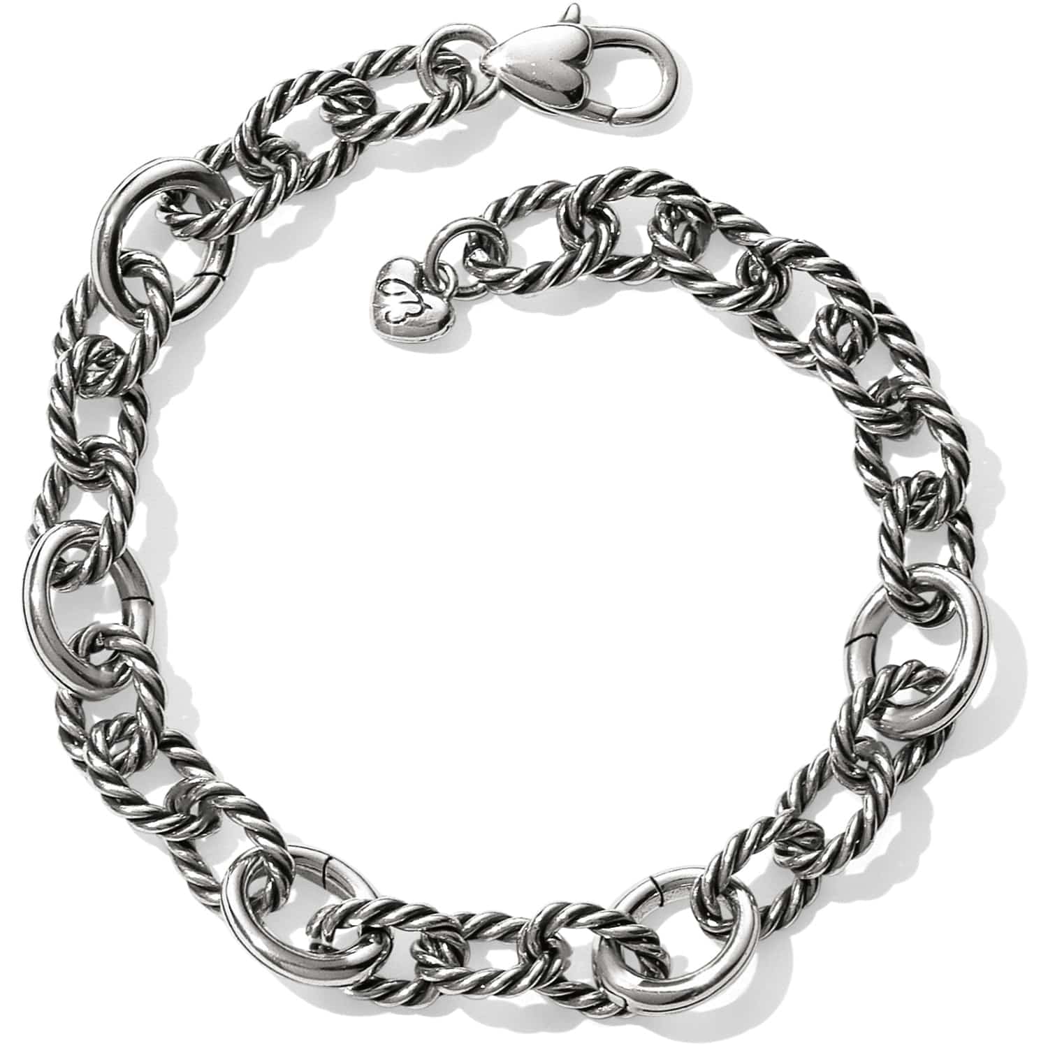 Brighton silver-plated link bracelet with twisted rope oval links, lobster clasp, and heart charm on a white background