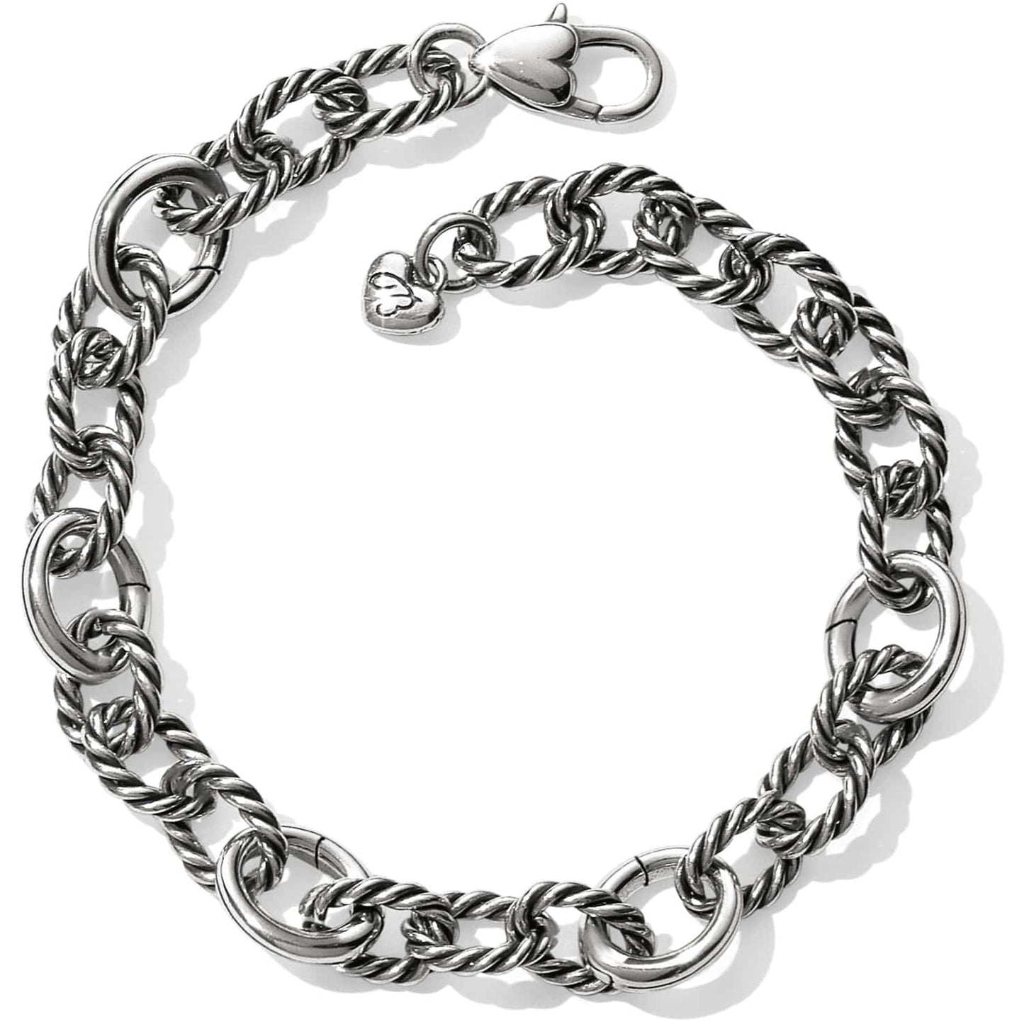 Brighton silver-plated link bracelet with twisted rope oval links, lobster clasp, and heart charm on a white background