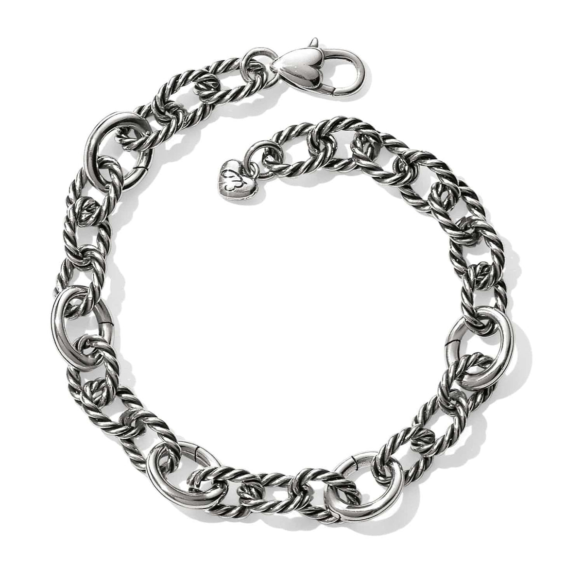 Brighton link bracelet with silver-plated twisted rope oval links, heart charm, and lobster clasp on a white background