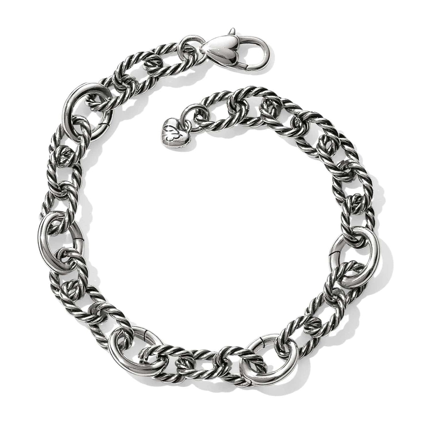Brighton link bracelet with silver-plated twisted rope oval links, heart charm, and lobster clasp on a white background