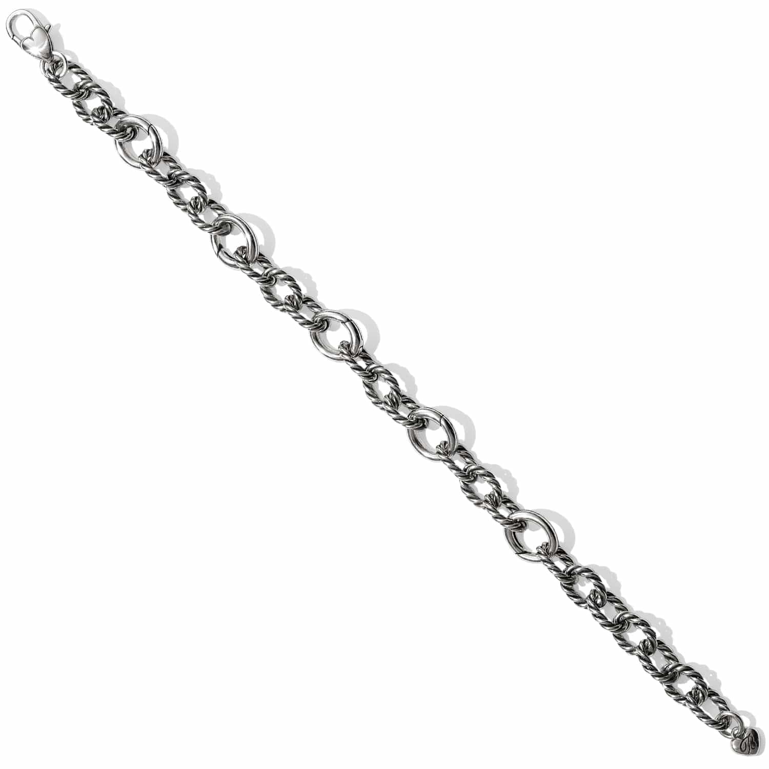 Brighton bracelet with silver-plated twisted rope links and round connector rings with lobster clasp on a white background