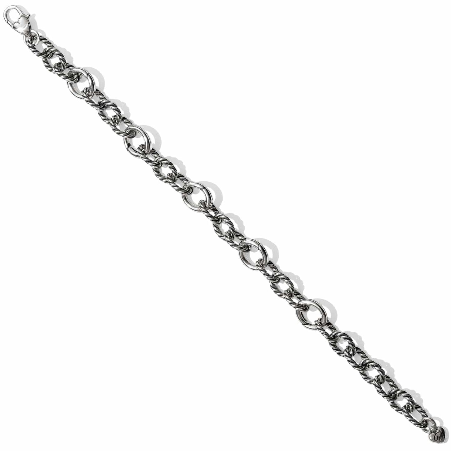 Brighton bracelet with silver-plated twisted rope links and round connector rings with lobster clasp on a white background