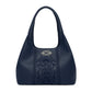 Brighton navy blue leather handbag with embossed floral panel and silver-tone knot emblem on a white background