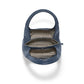 Brighton blue leather handbag shown open with patterned fabric interior lining and rounded top handle on a white background
