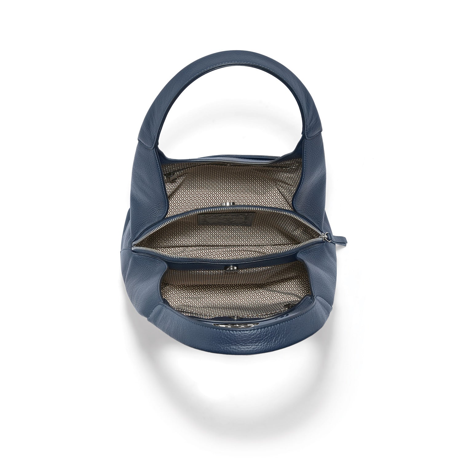 Brighton blue leather handbag shown open with patterned fabric interior lining and rounded top handle on a white background