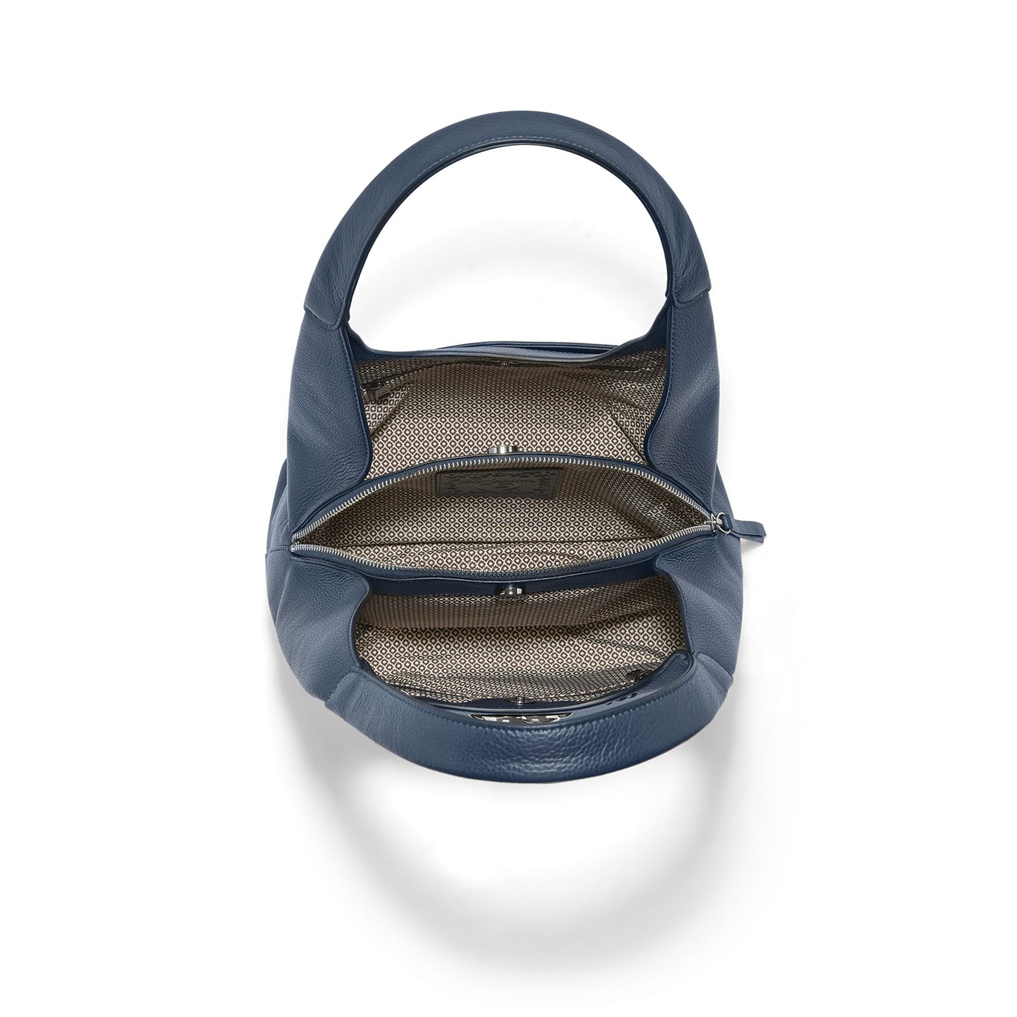 Brighton blue leather handbag shown open with patterned fabric interior lining and rounded top handle on a white background