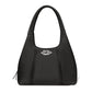 Brighton black leather handbag with braided stitching accents and silver-tone knot emblem on a white background