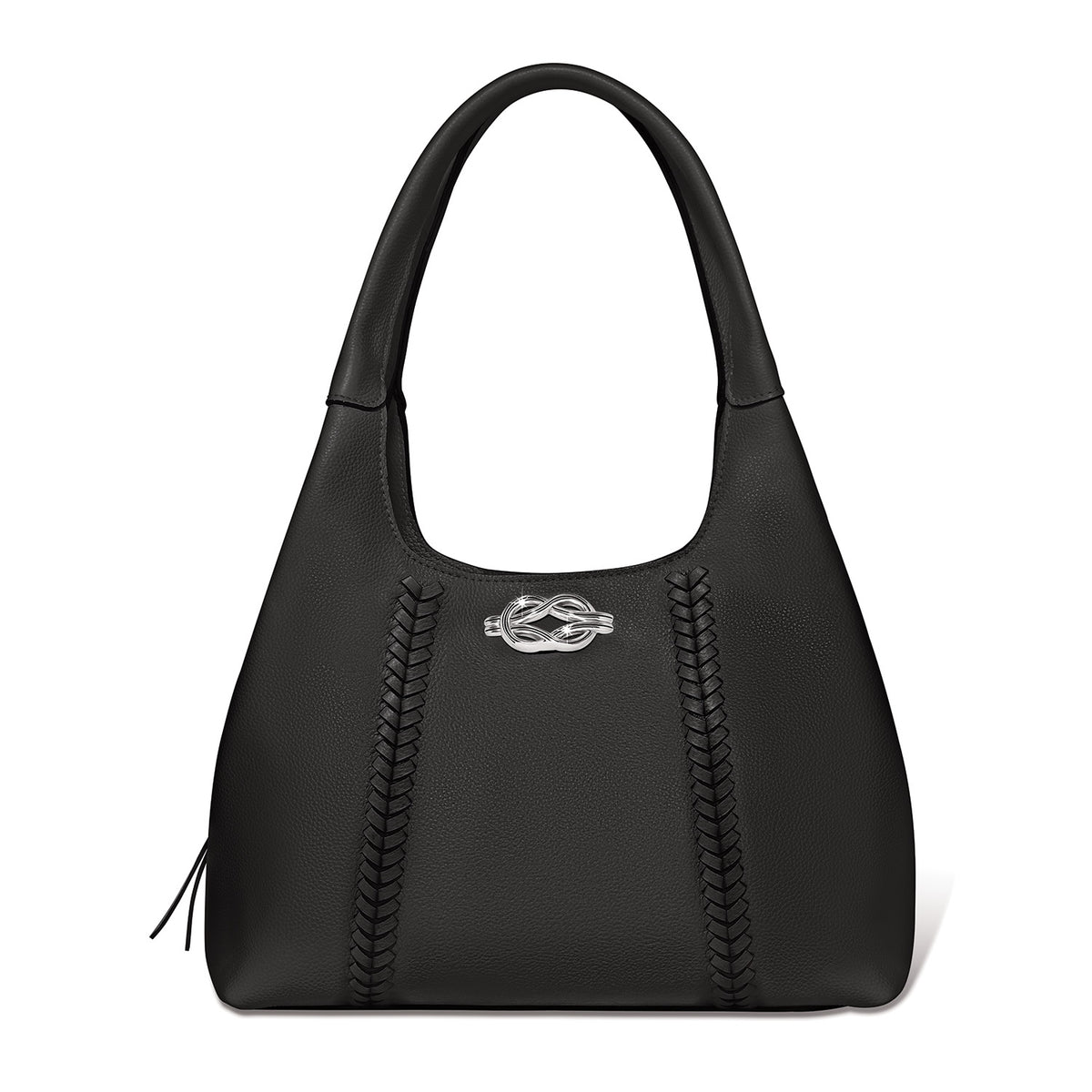 Brighton black leather handbag with braided stitching accents and silver-tone knot emblem on a white background