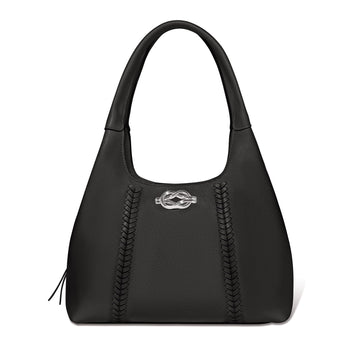 Brighton black leather handbag with braided stitching accents and silver-tone knot emblem on a white background
