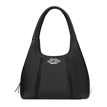Brighton black leather handbag with braided stitching accents and silver-tone knot emblem on a white background