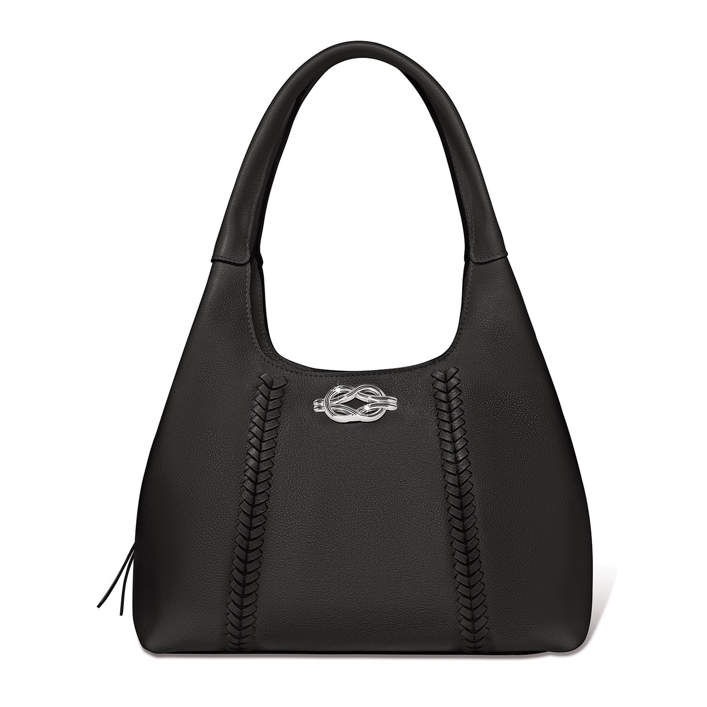 Brighton black leather handbag with braided stitching accents and silver-tone knot emblem on a white background