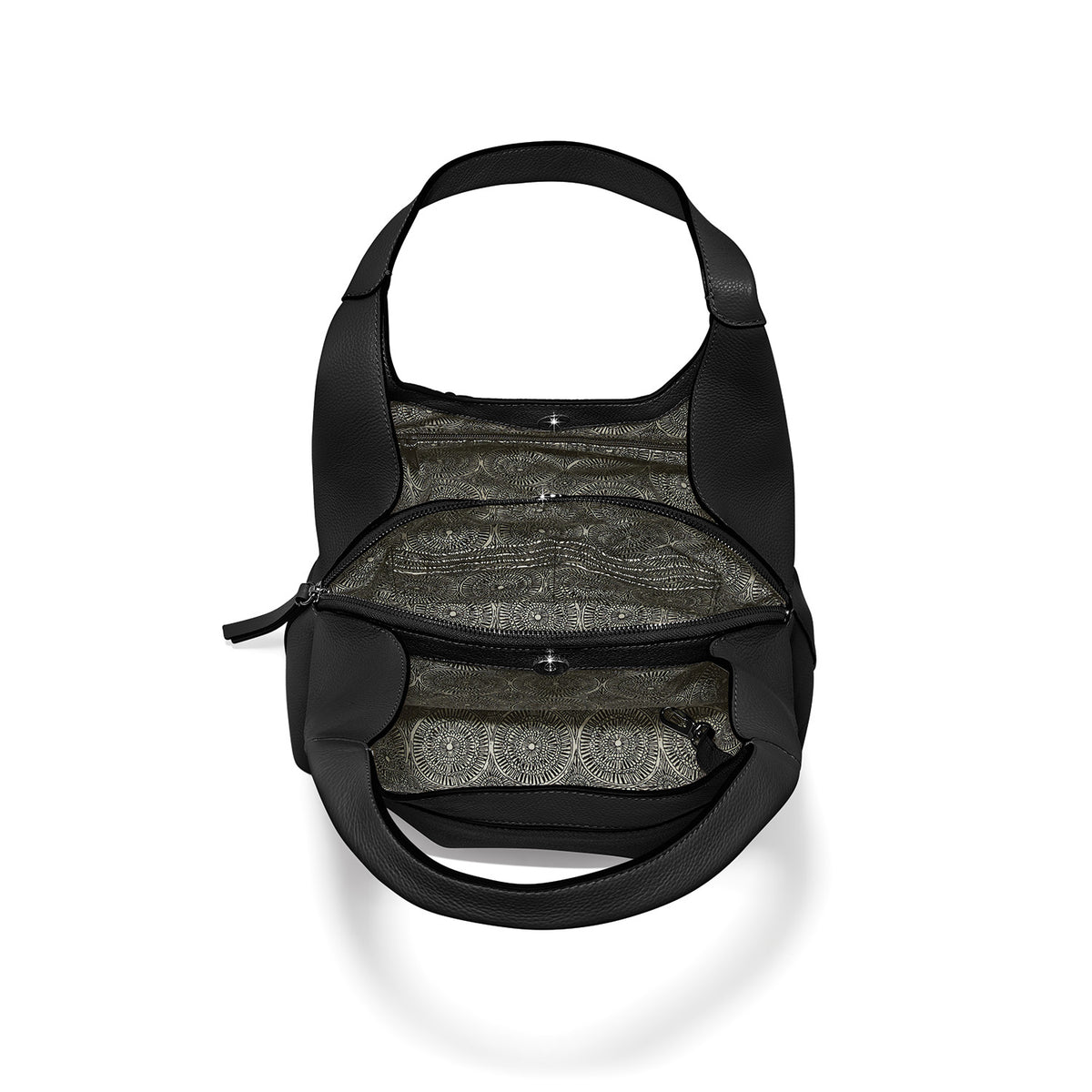 Brighton black leather handbag shown open from above revealing patterned interior lining and zippered compartment on a white background