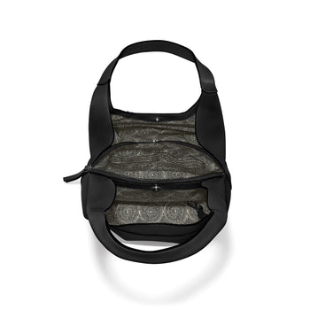 Brighton black leather handbag shown open from above revealing patterned interior lining and zippered compartment on a white background
