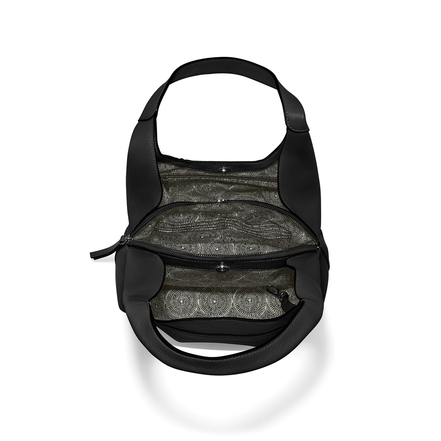 Brighton black leather handbag shown open from above revealing patterned interior lining and zippered compartment on a white background