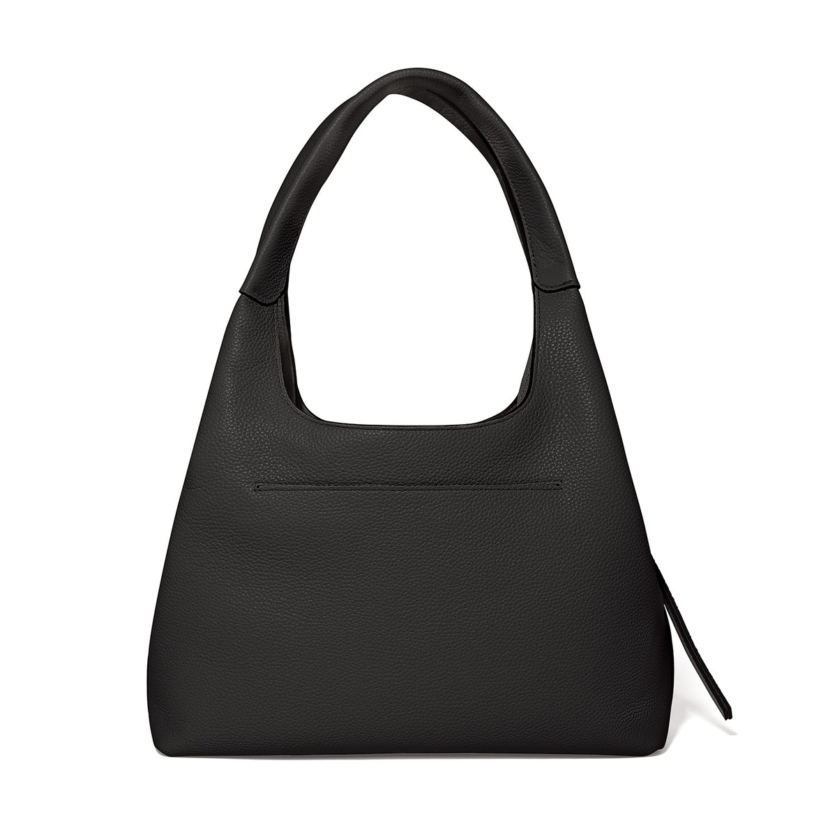 Brighton handbag shown from the back in black pebbled leather with single rounded top handle on a white background