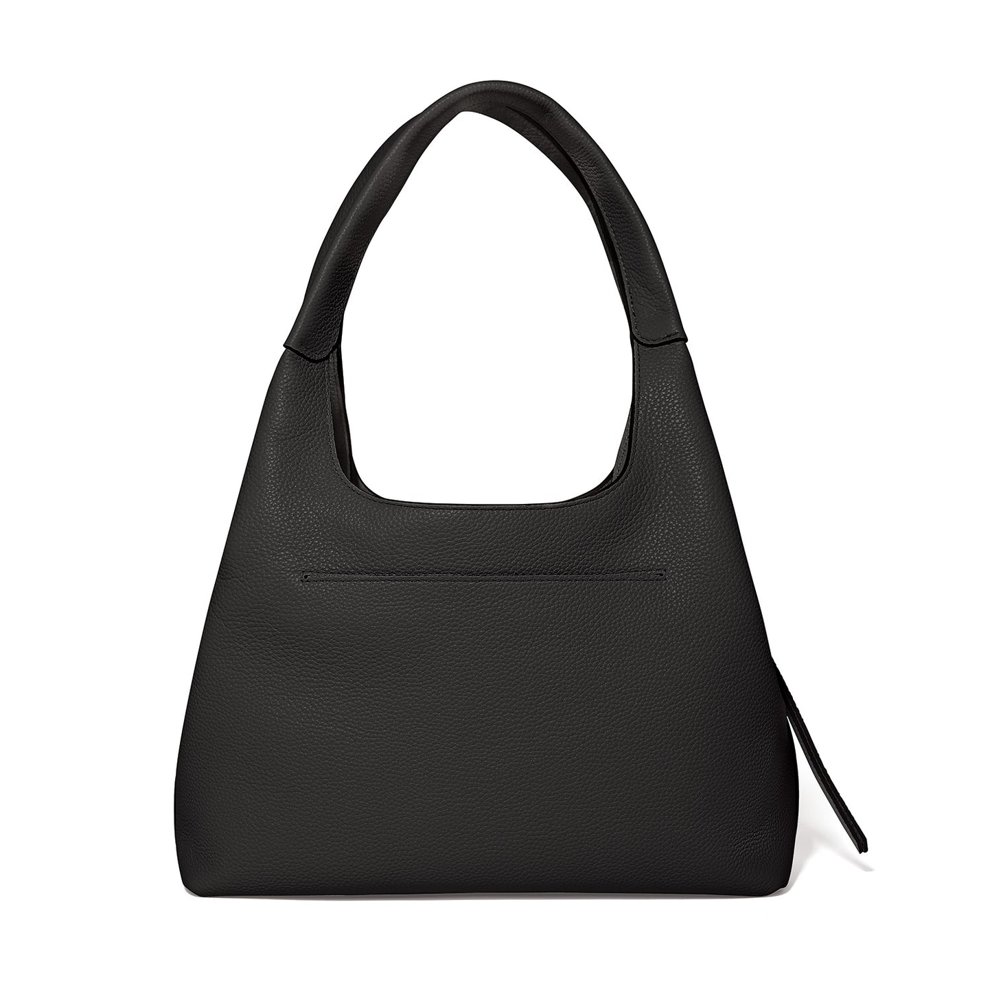 Brighton handbag shown from the back in black pebbled leather with single rounded top handle on a white background