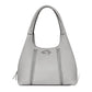 Brighton handbag in gray pebbled leather with braided accents, silver-tone logo emblem, and rounded top handle on a white background