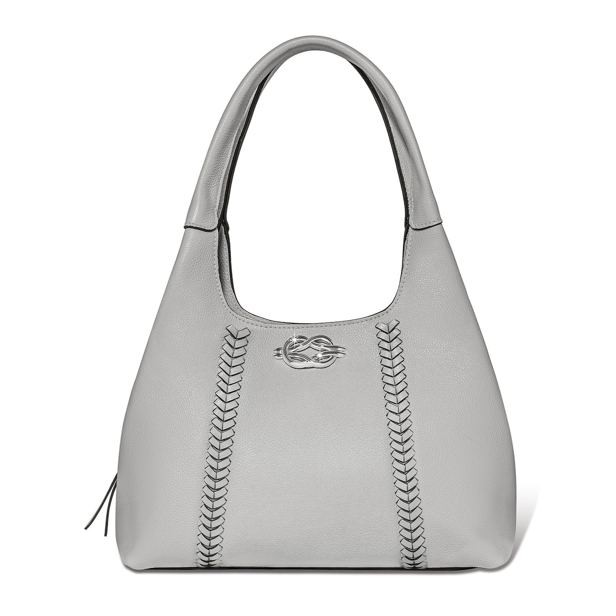 Brighton handbag in gray pebbled leather with braided accents, silver-tone logo emblem, and rounded top handle on a white background