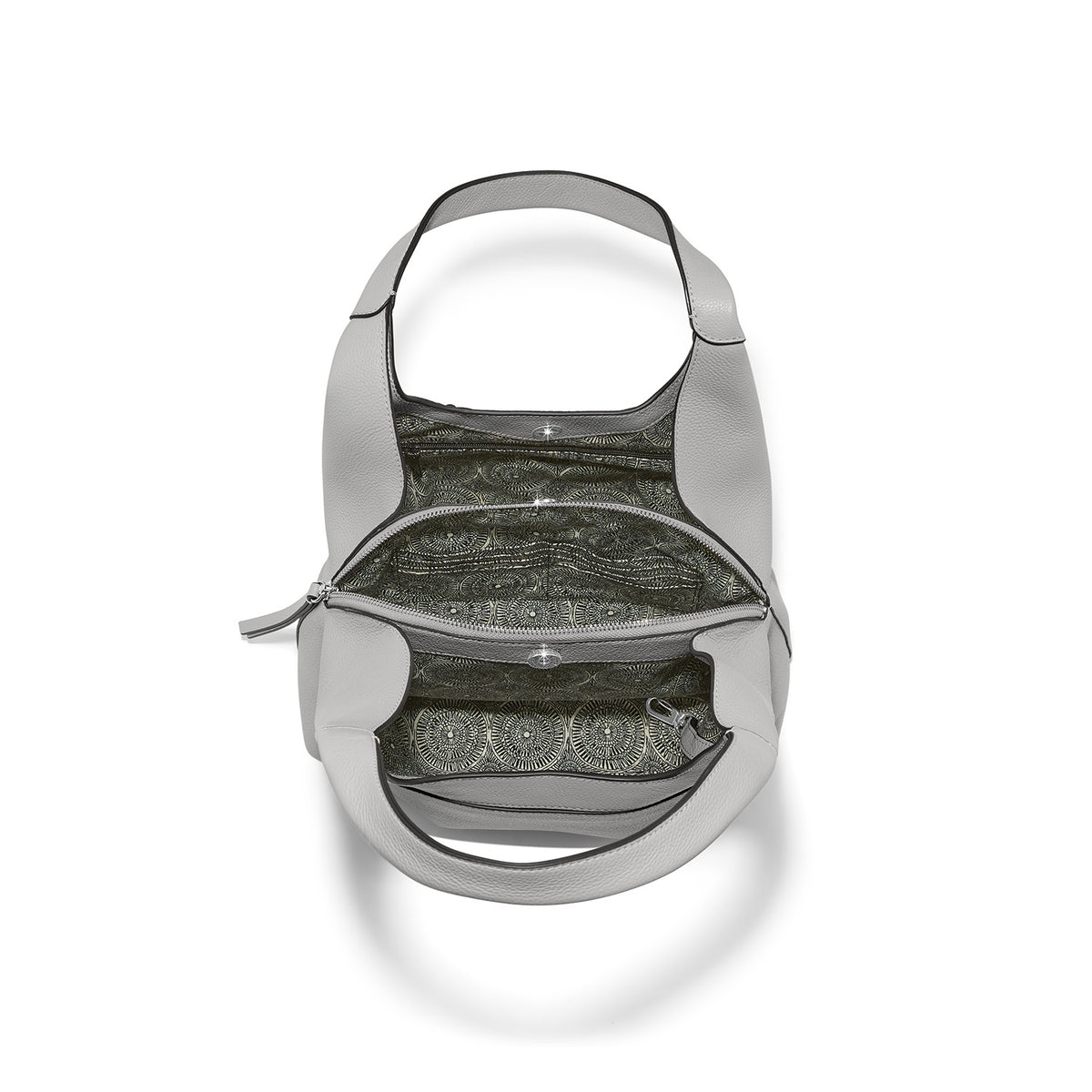Brighton gray leather handbag shown open from above with patterned interior lining and zippered pocket on a white background