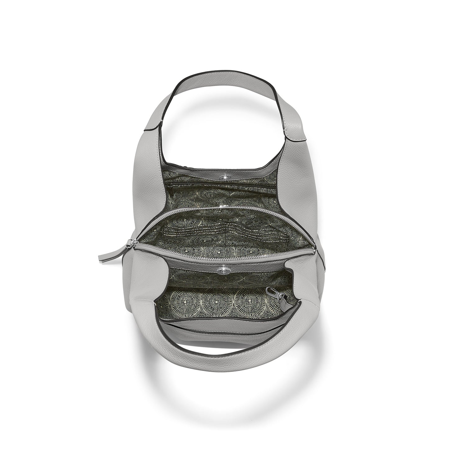 Brighton gray leather handbag shown open from above with patterned interior lining and zippered pocket on a white background