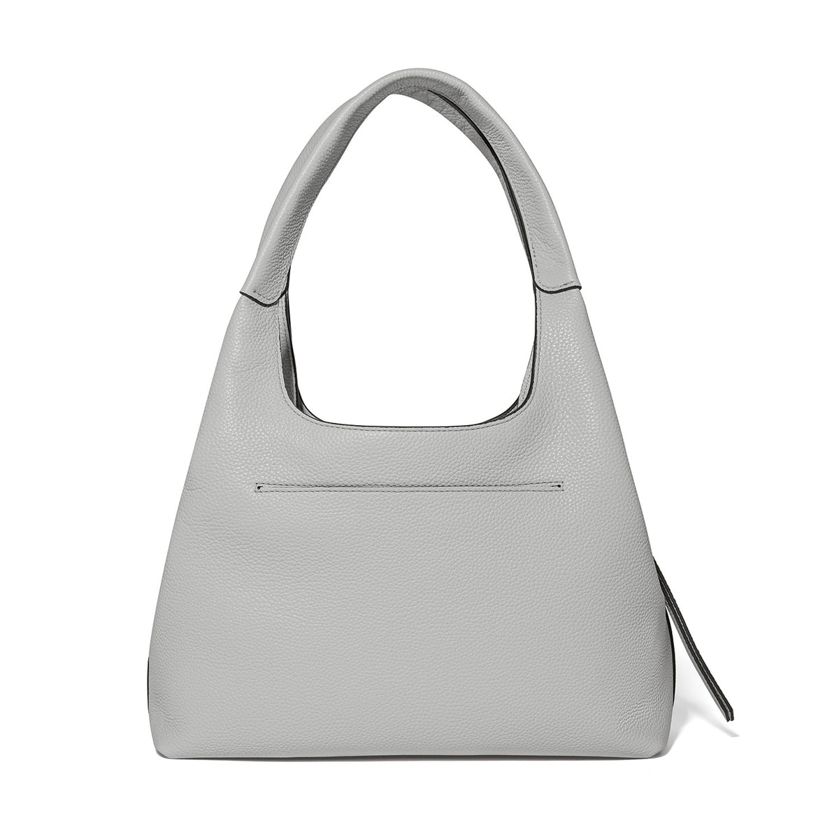 Brighton gray pebbled leather handbag shown from the back with single top handle and slim pocket on a white background