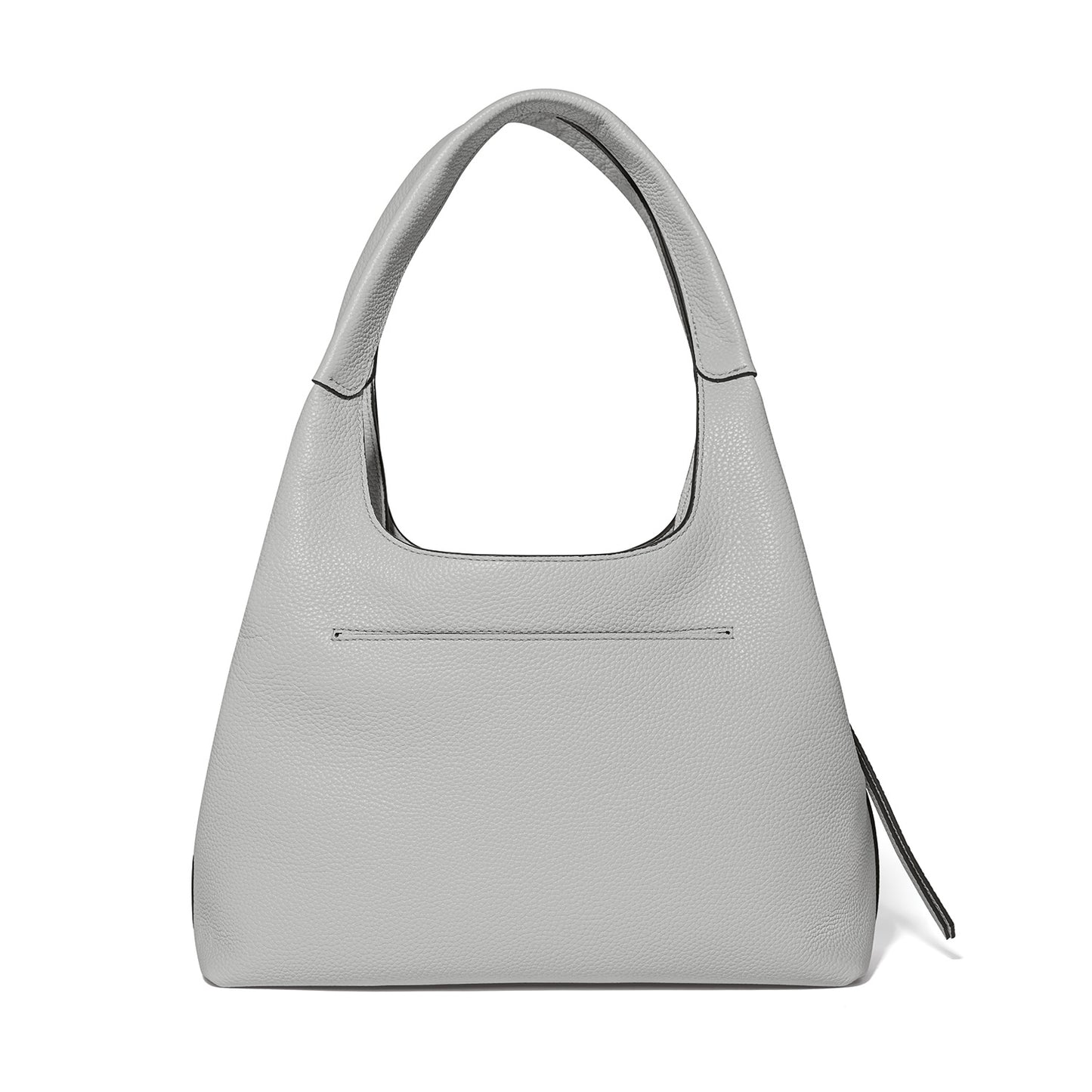 Brighton gray pebbled leather handbag shown from the back with single top handle and slim pocket on a white background