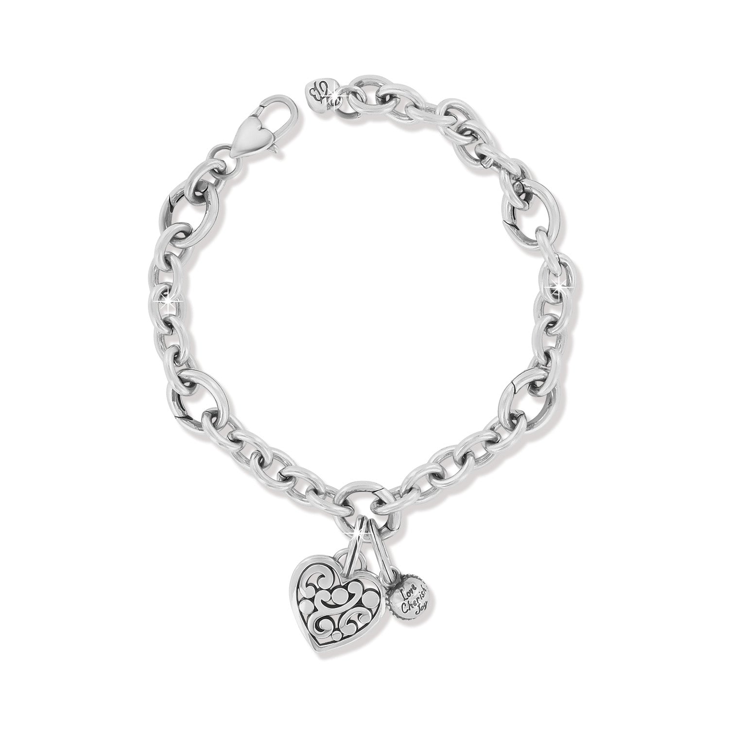 Brighton charm bracelet in silver-plated finish with ornate scroll heart and engraved heart charms on a white background